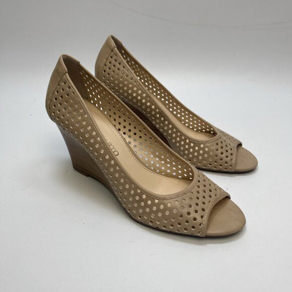 Franco Sarto Ginesa Tan Leather Peep Toe Heels Womens 8M Perforated Faux Leather - Picture 1 of 13